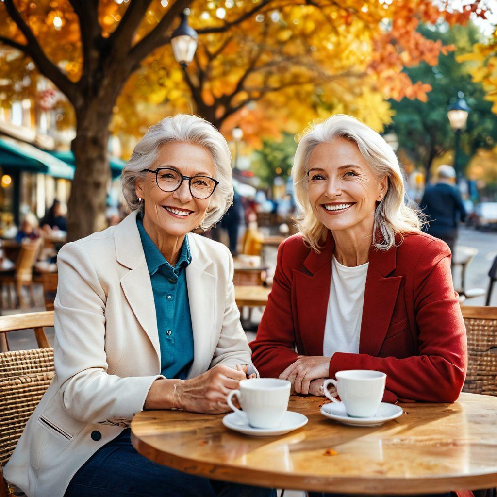 A confident older woman in a stylish outfit smiling invitingly, sitting at a cozy cafe table with a younger man, both engaged in a lively conversation. The background showcases a vibrant city park in autumn, with colorful leaves and soft sunlight filtering through the trees, symbolizing the warmth of connection. Incorporate elements of romance and adventure, like a subtle heart shape in the background. super-realistic. vibrant colors. soft focus.