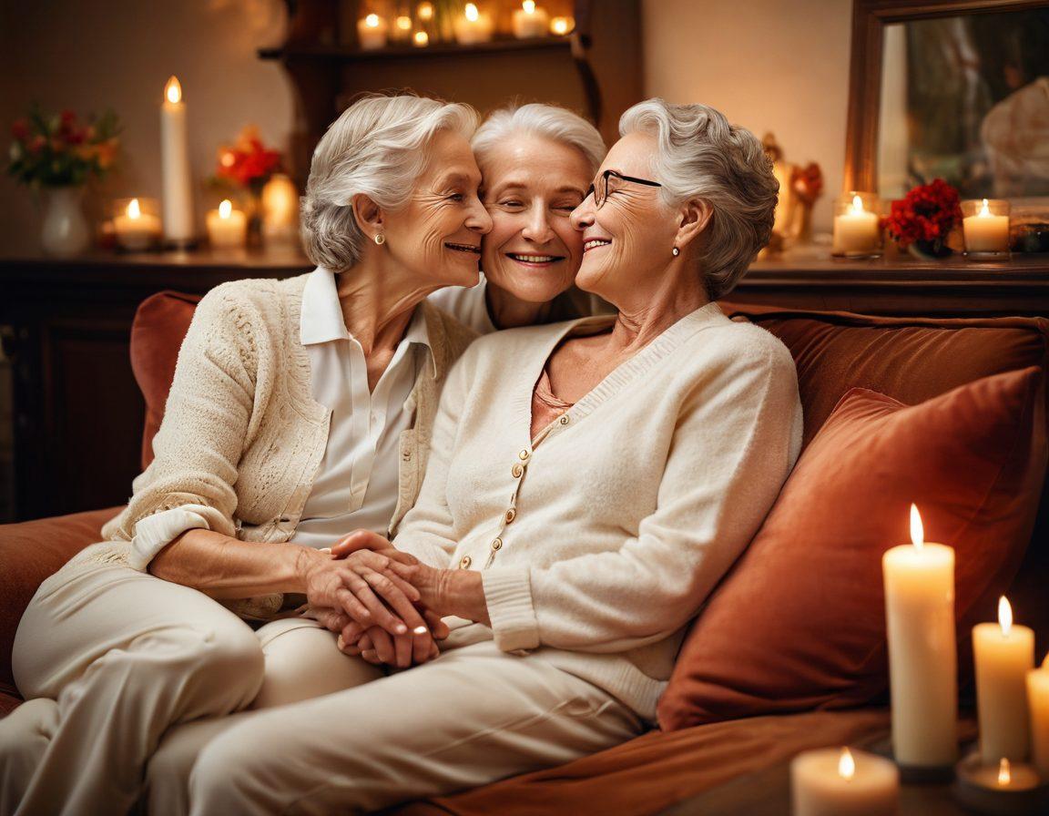 A cozy, intimate setting featuring an elderly couple sharing a tender moment on a plush sofa, surrounded by warm, soft lighting and romantic decor. Include hints of sensual wellness products like candles and natural oils delicately arranged around them. Emphasize their joyful expressions, representing love and connection in their senior years. super-realistic. vibrant colors. soft background.