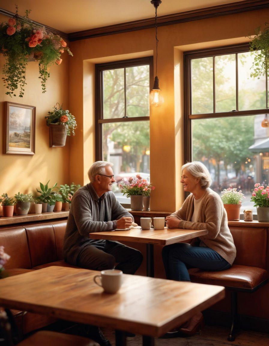 A warm and inviting scene of a cozy café with a mature couple gazing into each other's eyes, sharing laughter over coffee. The background features soft lighting, romantic décor, and hints of nature with flowers on the tables. Emphasize the warmth of connection and intimacy in their expressions. super-realistic. vibrant colors.